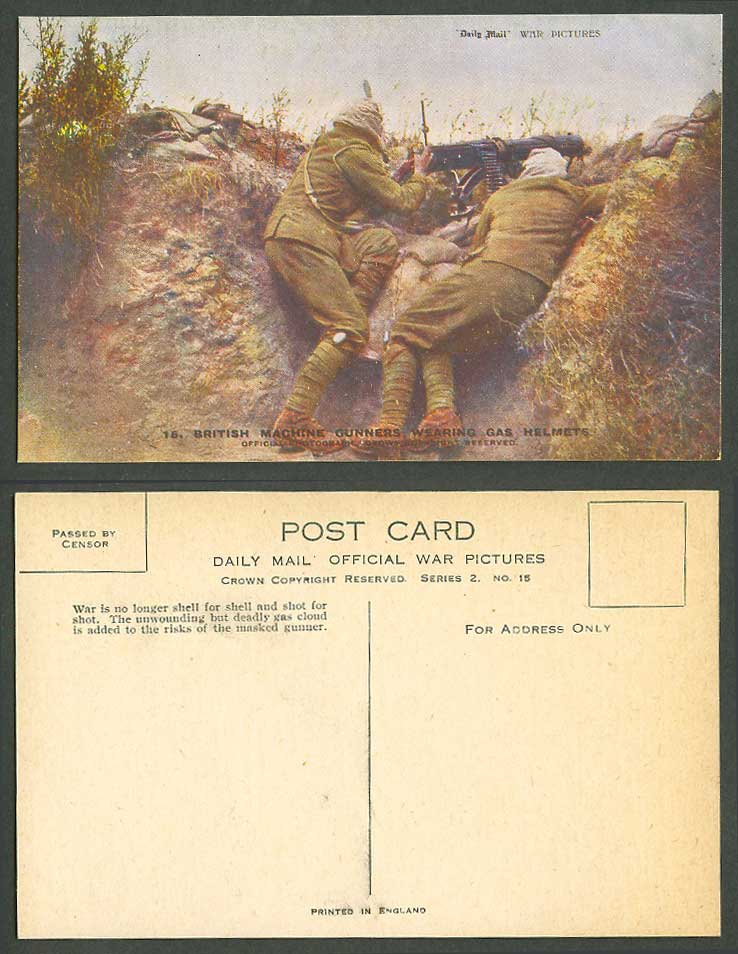 WW1 Daily Mail Old Postcard British Machine Gunners wearing Gas Helmets Gas Mask