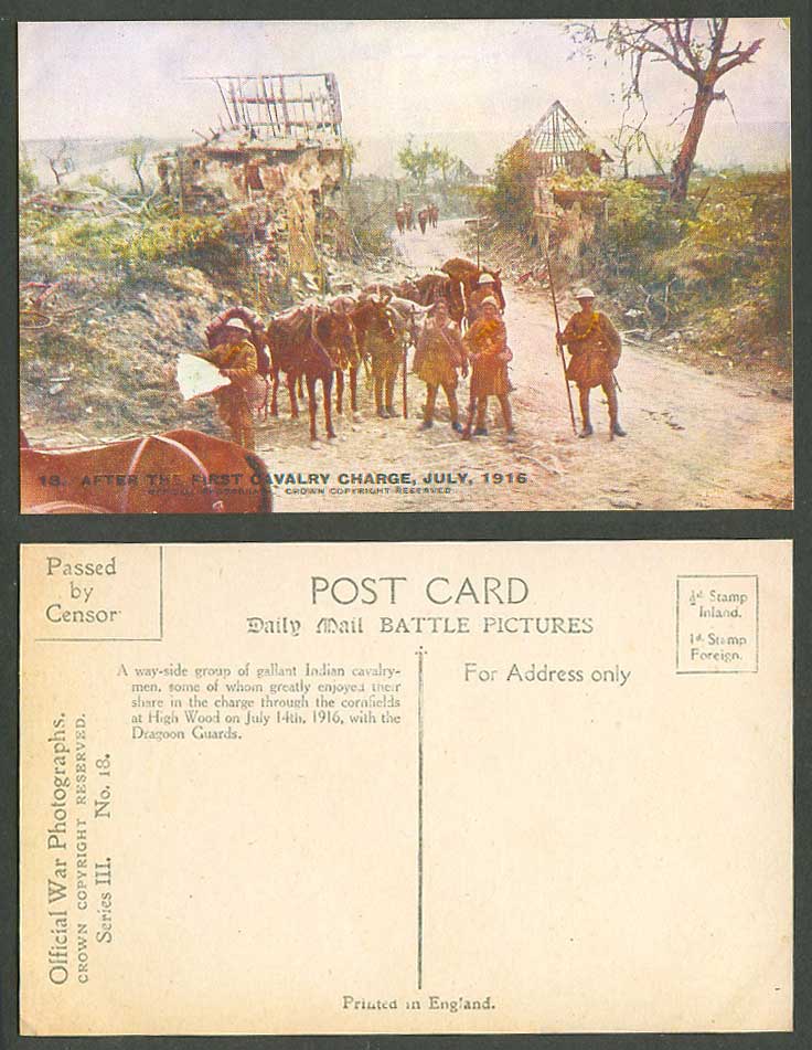 WW1 Daily Mail 1916 Old Postcard After The First Cavalry Charge, Soldiers Horses