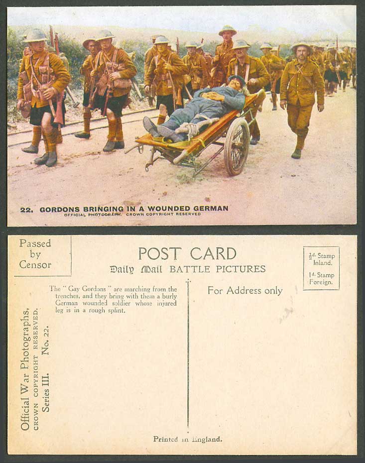 WW1 Daily Mail Old Postcard The Gay Gordons Bringing in a Wounded German Soldier
