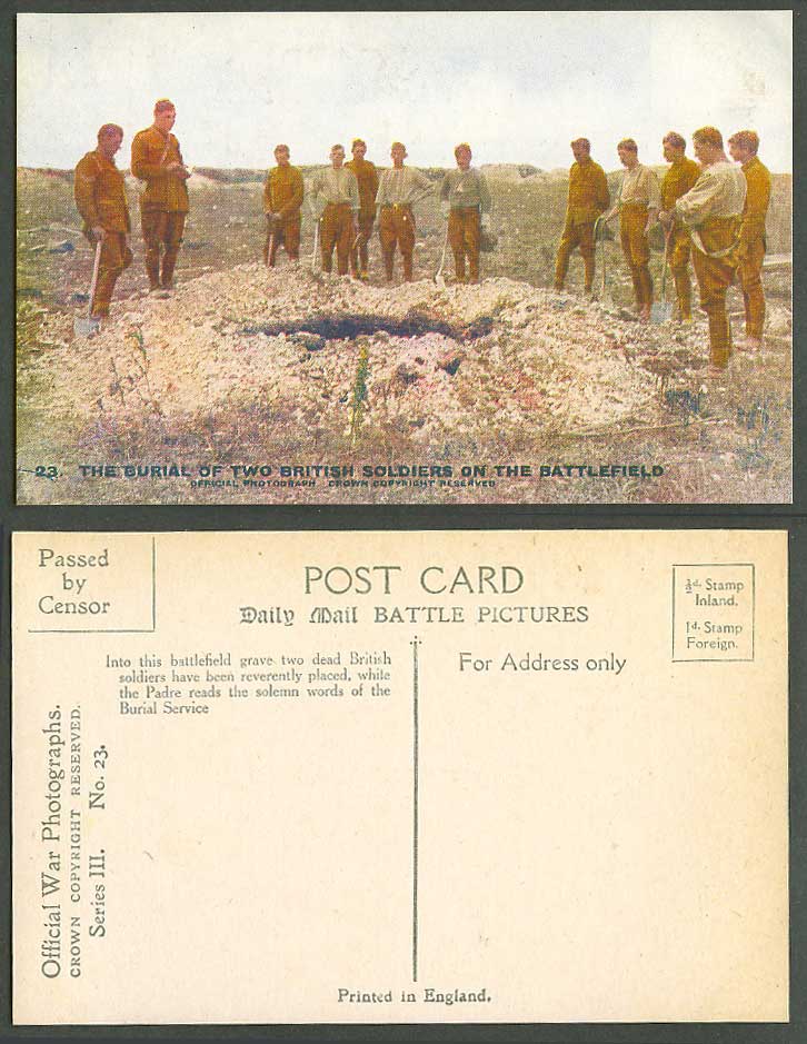 WW1 Daily Mail Old Postcard Burial of Two British Soldiers on Battlefield, Grave