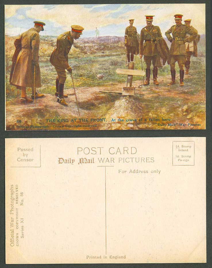 WW1 Daily Mail Old Postcard King George 5th V. at The Grave of a Fallen Hero 86