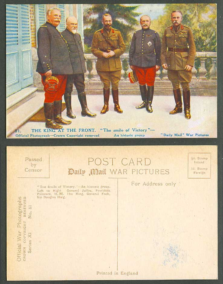 WW1 Daily Mail Old Postcard King George 5th Smile of Victory Joffre Foch D. Haig