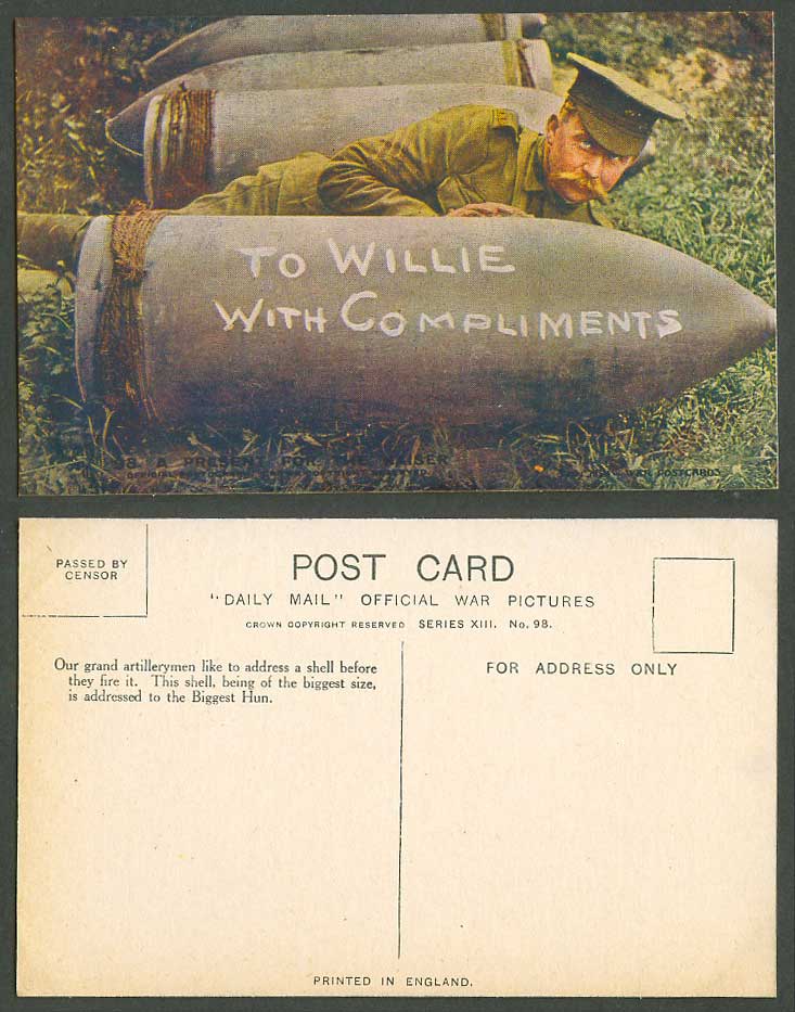 WW1 Daily Mail Old Postcard Present for Kaiser, To Willie with Compliments Shell