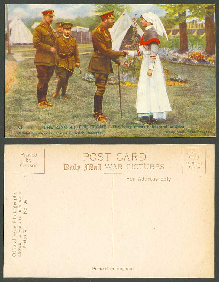 WW1 Daily Mail Old Postcard KING GEORGE V at FRONT Meets a Hospital Matron Nurse