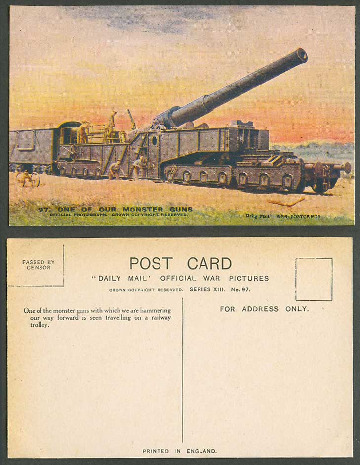WW1 Daily Mail Old Postcard One of Our Monster Guns Travelling a Railway Trolley
