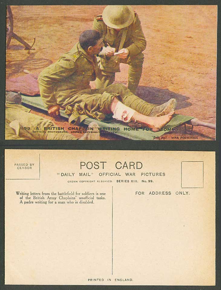 WW1 Daily Mail Old Postcard A British Chaplain Writing Home for Tommy, Disabled