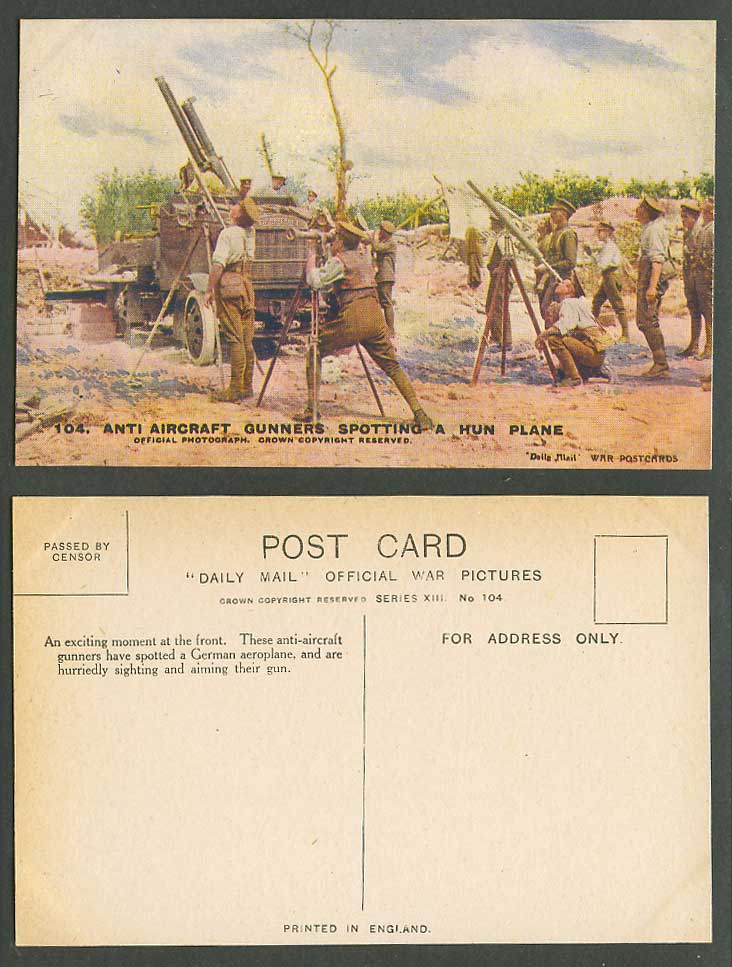 WW1 Daily Mail Old Postcard Anti-Aircraft Gunners Soldiers, spotting A Hun Plane