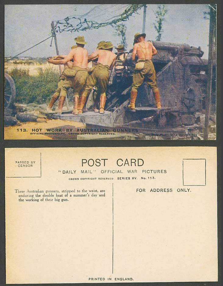 WW1 Daily Mail War Old Postcard Hot Work by Australian Gunners Stripped, Big Gun