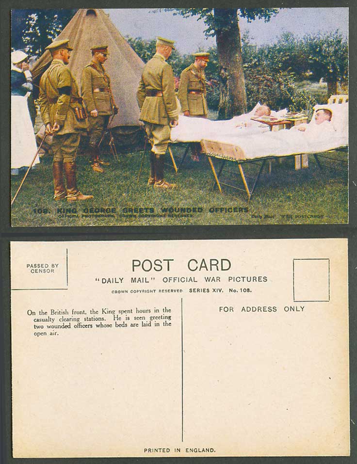 WW1 Old Postcard King George 5th V. Greets Wounded Officers Nurse, British Front