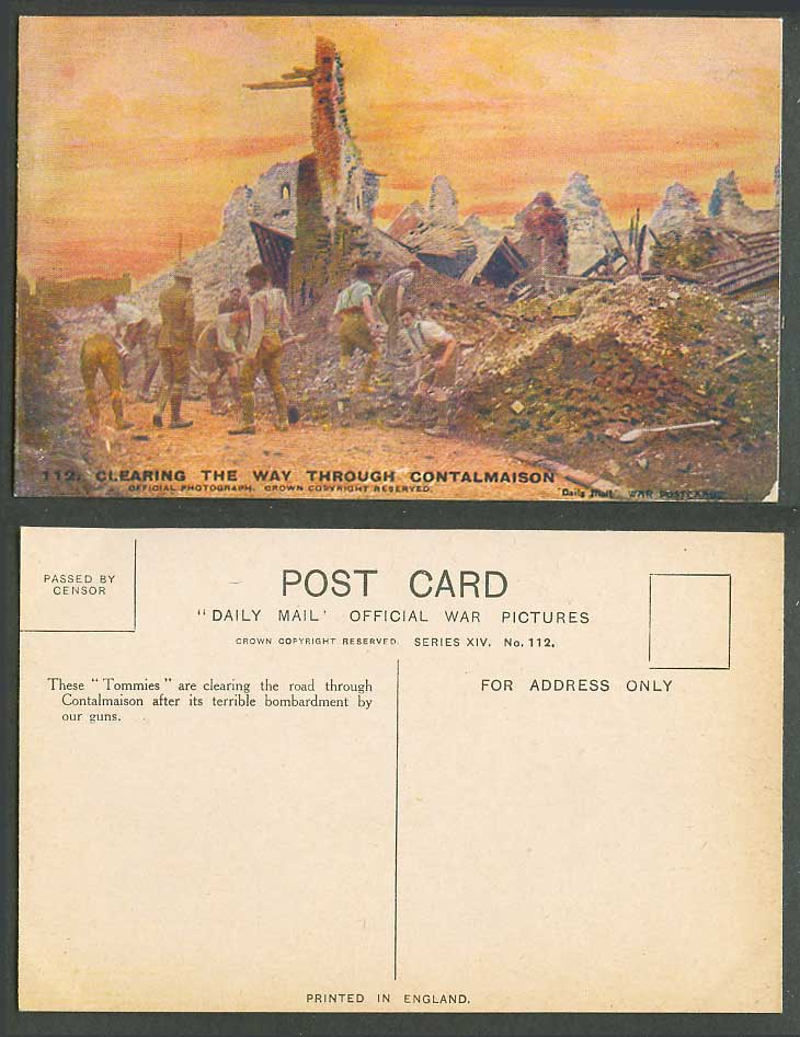 WW1 Daily Mail Old Postcard Tommies Cleaning The Way through Contalmaison, Ruins