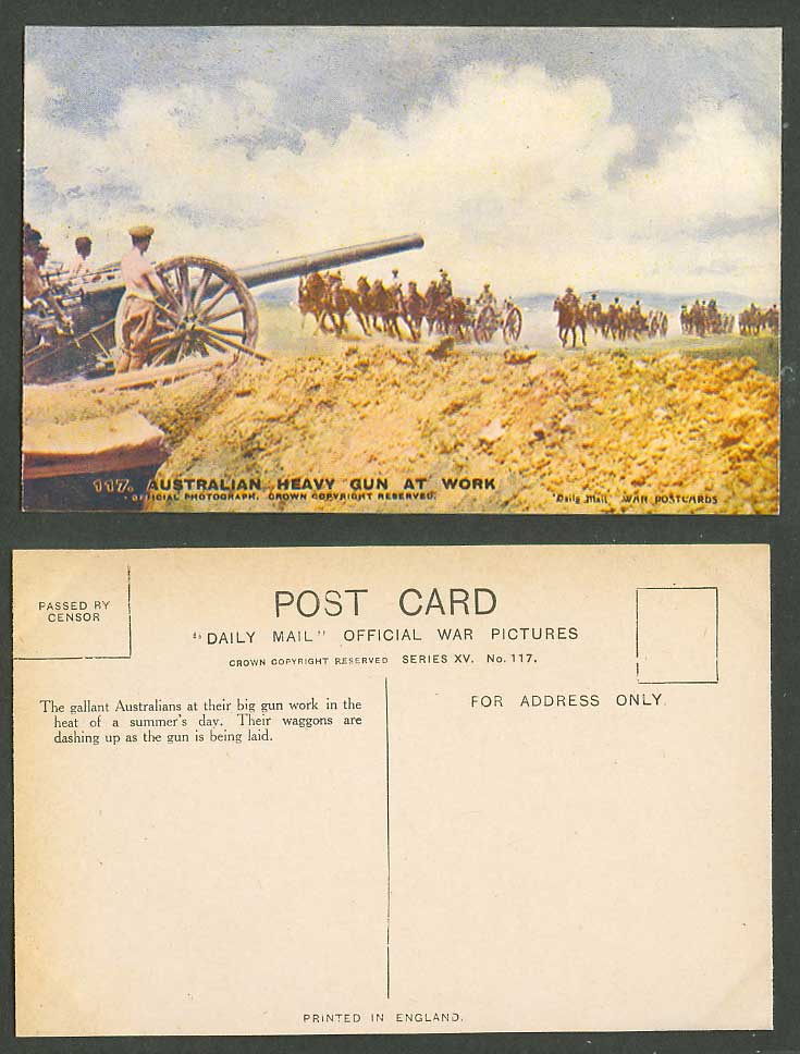 WW1 Daily Mail Old Postcard Australian Heavy Gun at Work Horses Waggons Soldiers