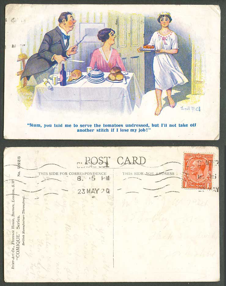 Donald McGill 1920 Old Postcard Serve tomatoes undressed not take another stitch