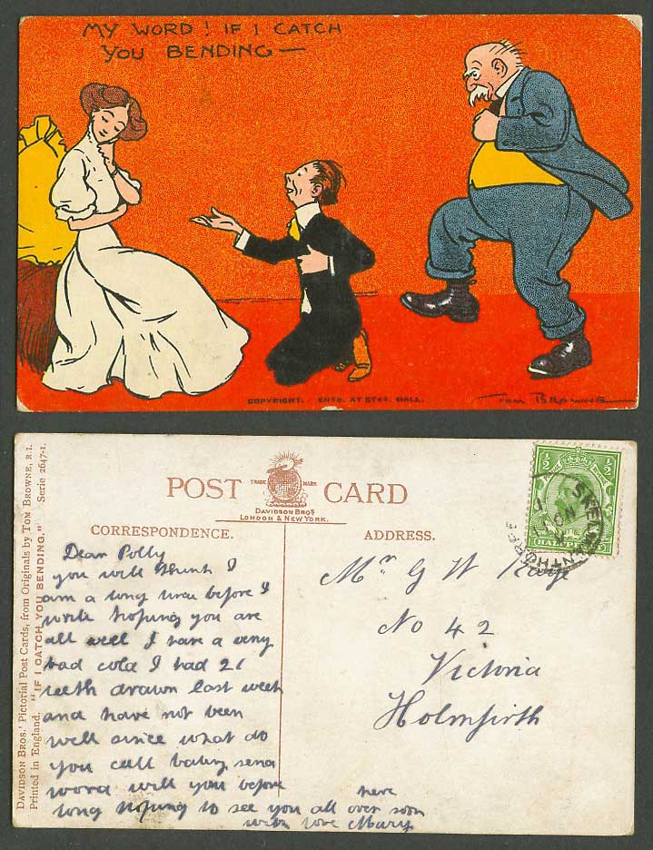 Tom Browne Artist Signed 1912 Old Postcard My Word! If I Catch You Fending, Lady