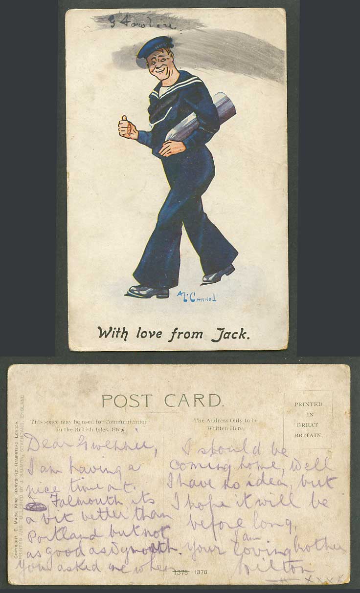 A.L. Carnell Artist Signed Old Postcard Seaman Sailor Marine With Love from Jack