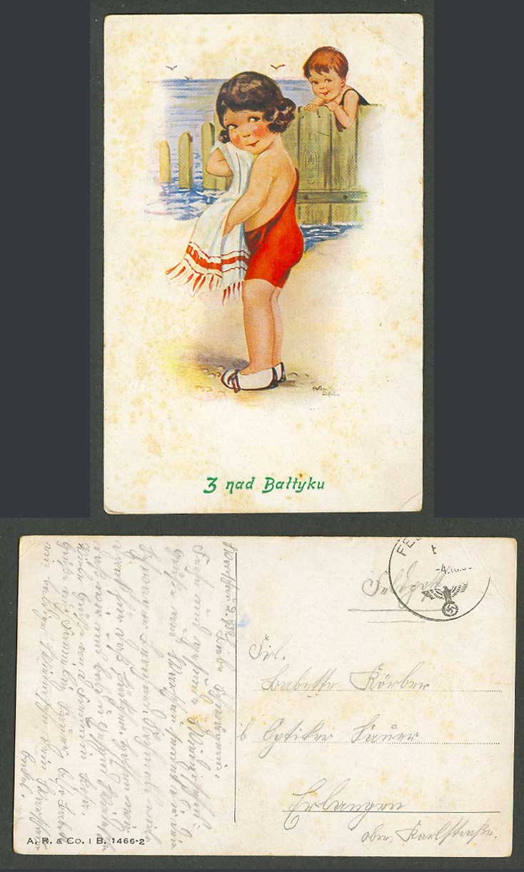 Artist Signed Children Little Girl Boy Bathers Beach, Z nad Battyku Old Postcard