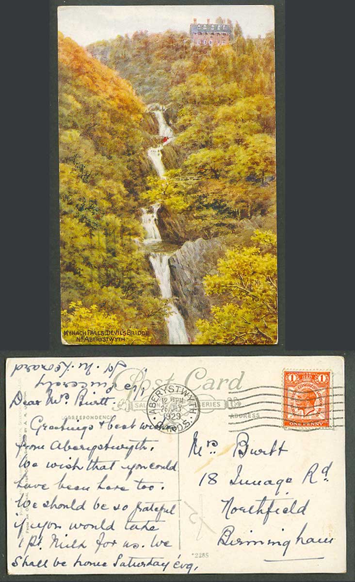 AR Quinton 1929 Old Postcard Mynach Falls Devil's Bridge Aberystwyth, Wales 2285