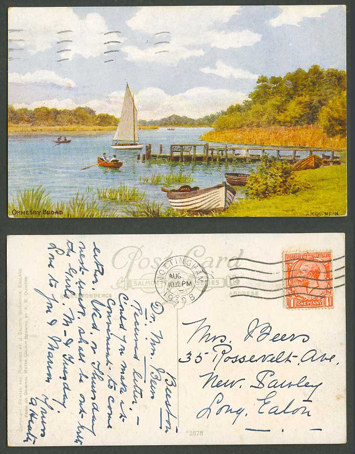 A.R. Quinton 1930 Old Postcard Ormesby Broad Norfolk, Sailing Boat Boating Boats