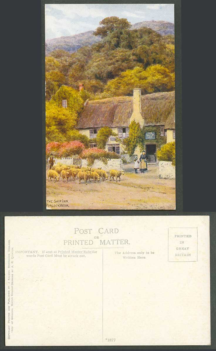 AR Quinton Old Postcard The Ship Inn Hotel Porlock Weir, Sheep and Shepherd 1877