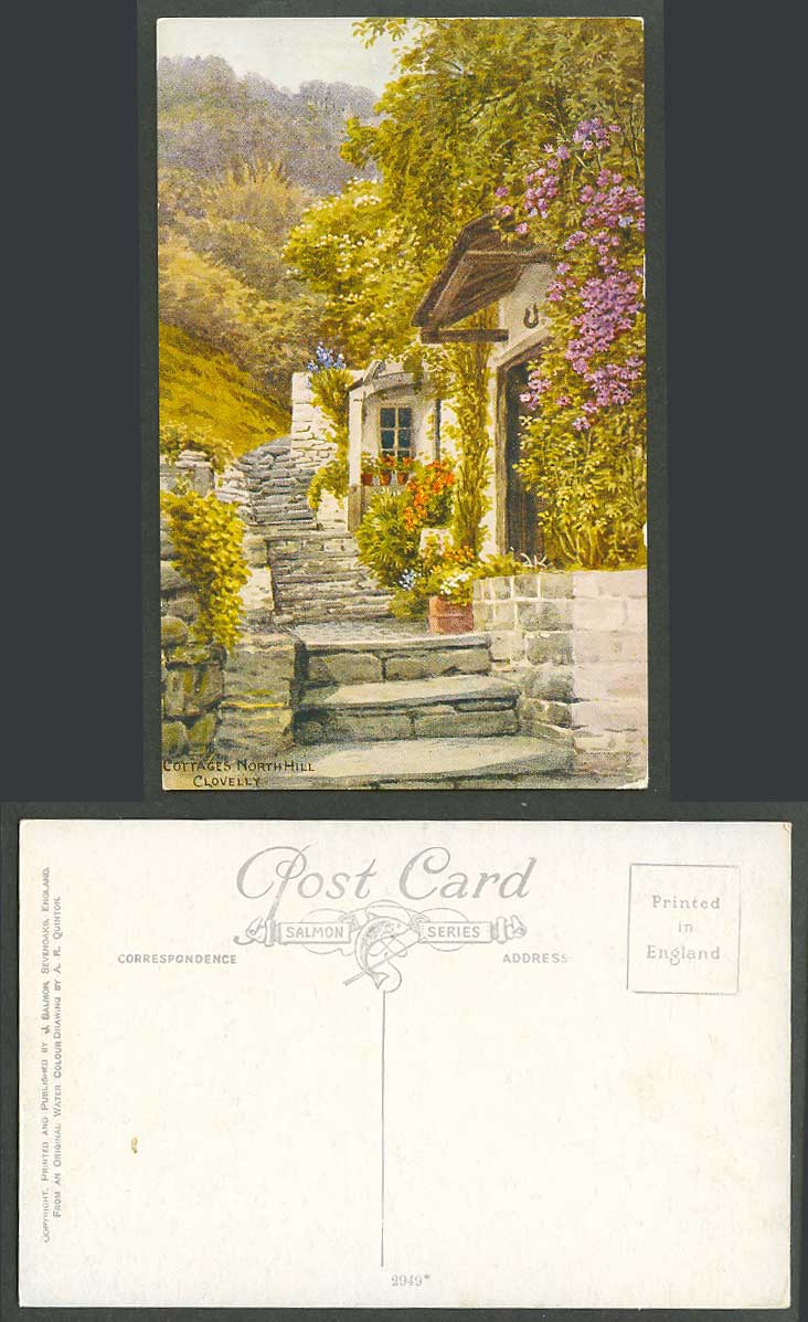 A.R. Quinton Old Postcard Cottages North Hill Clovelly Steps Garden Flowers 2949