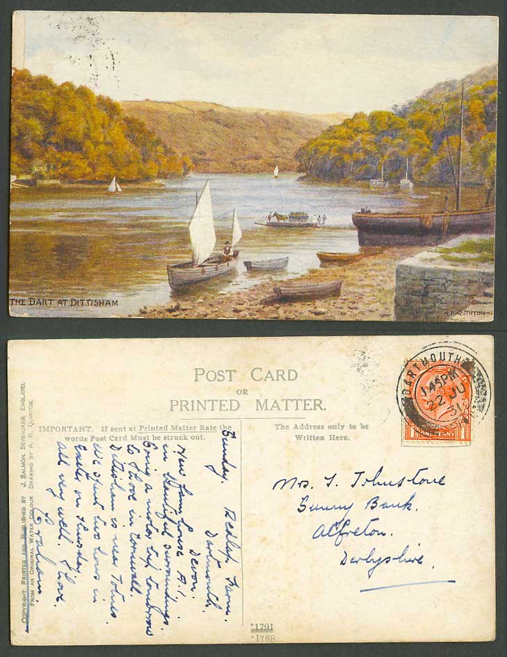 AR Quinton 1931 Old Postcard The Dart at Dittisham River Sailing Boat Devon 1788