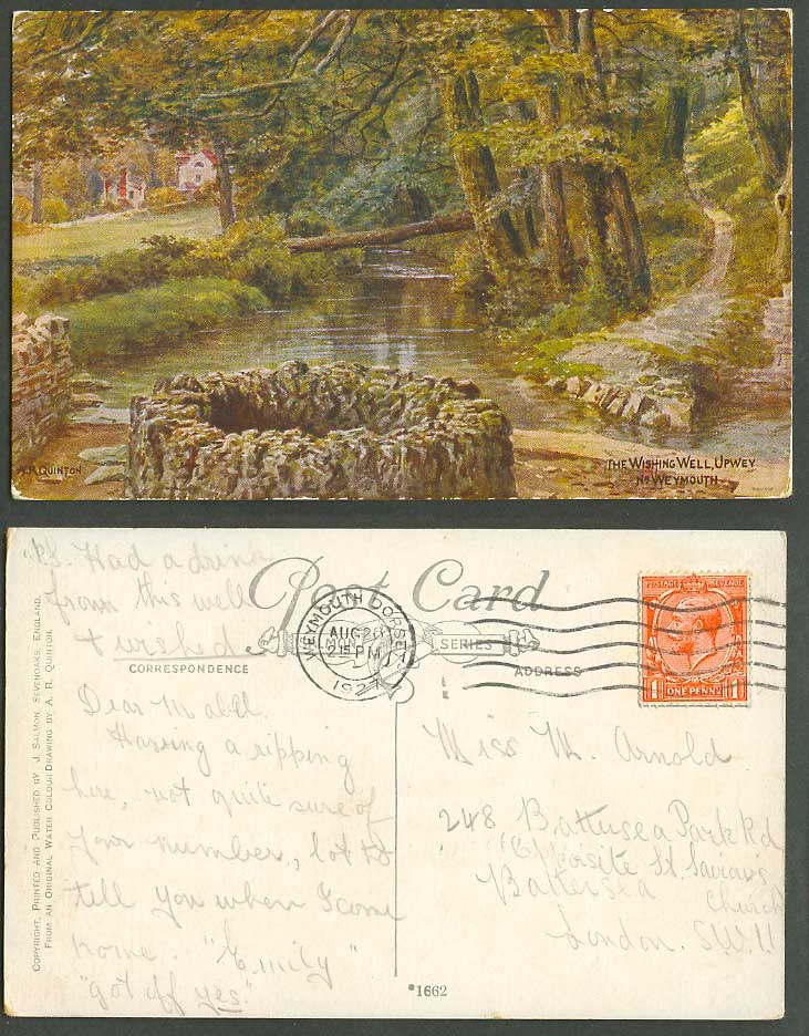 AR Quinton 1927 Old Postcard The Wishing Well Upwey Weymouth Dorset, Bridge 1662