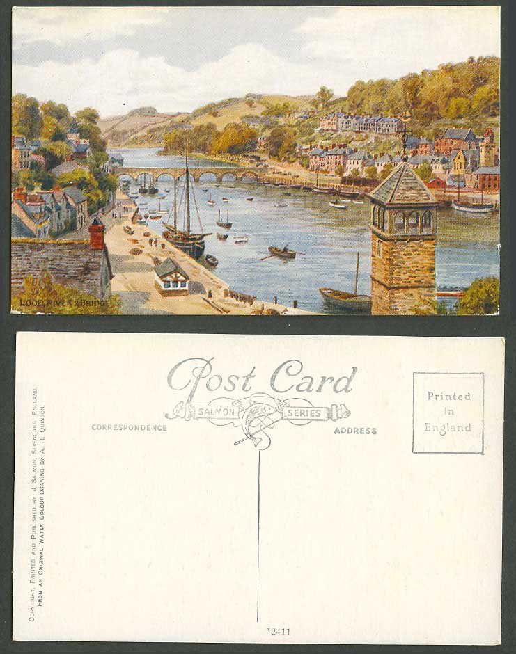 A.R. Quinton Old Postcard Looe River and Bridge Boats Street Scene Panorama 2411