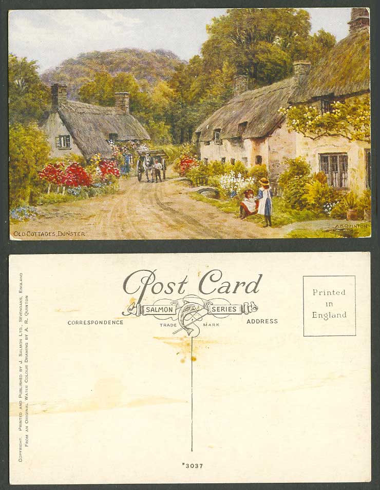 A.R. Quinton Old Postcard Old Cottages Dunster Thatched Cottage Girls Horse 3037