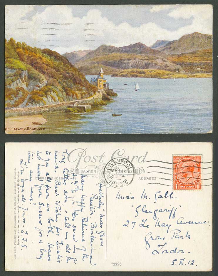A.R. Quinton 1929 Old Postcard The Estuary Barmouth Beach Boats Hills Tower 2227