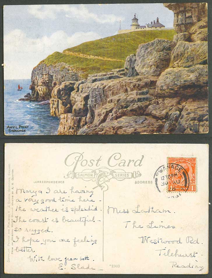 A.R. Quinton 1926 Old Postcard Anvil Point Swanage, Lighthouse Rocks Dorset 2303