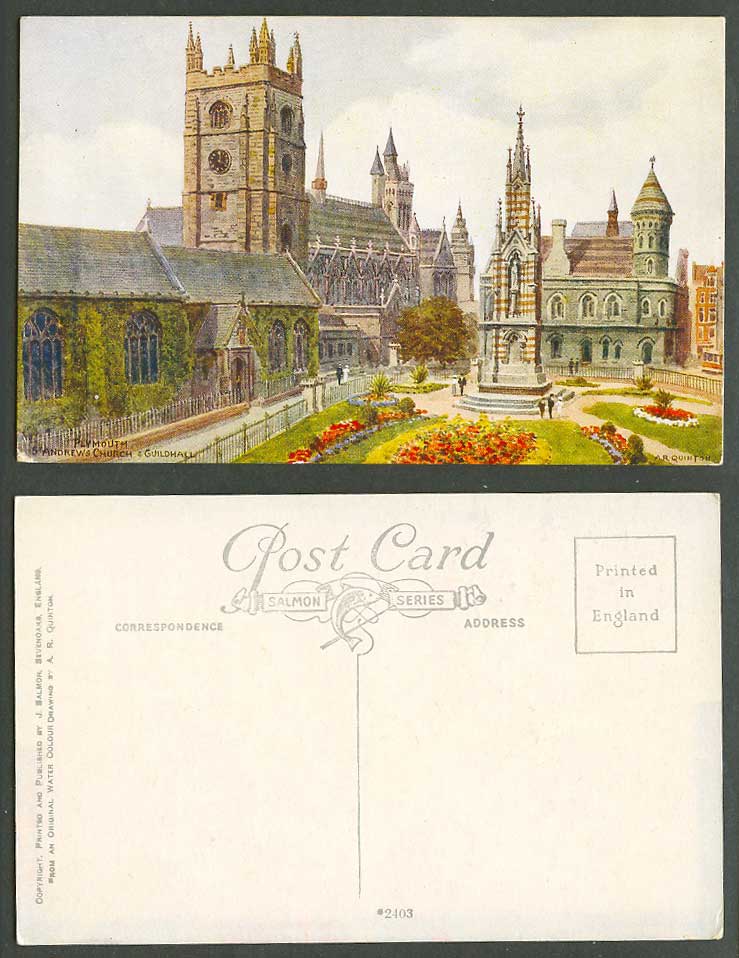 A.R. Quinton Old Postcard Plymouth St. Andrews Church and Guildhall Gardens 2403