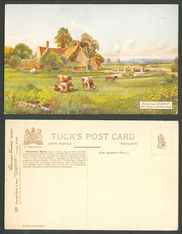 AW Bridgman Old Tuck's Postcard Wool Bridge and Manor House, Woolbridge Cow 7755