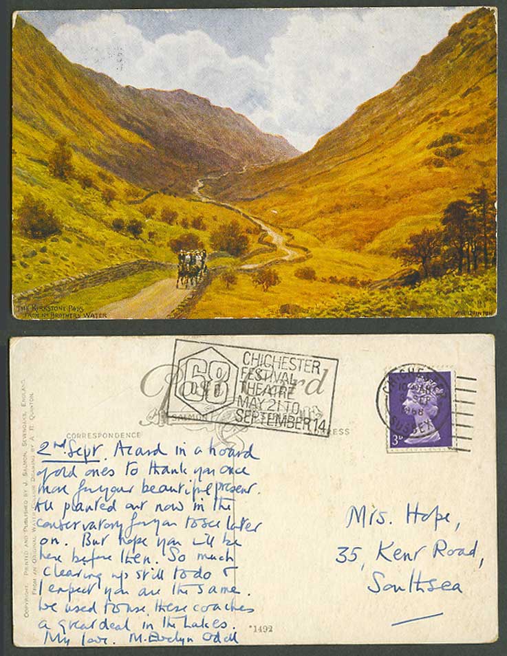 AR Quinton 1968 Old Postcard The Kirkstone Pass from nr Brothers Water Cart 1492