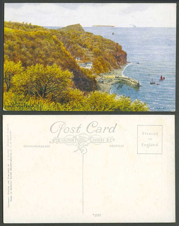 A.R. Quinton Old Postcard Clovelly from The Hobby Drive, Pier Harbour Boats 2367