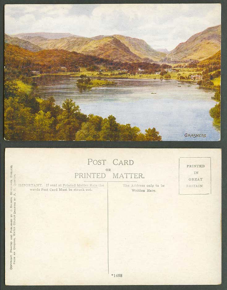 A.R. Quinton Old Postcard Grasmere Lake Mountains Island Hills Panorama ARQ 1488