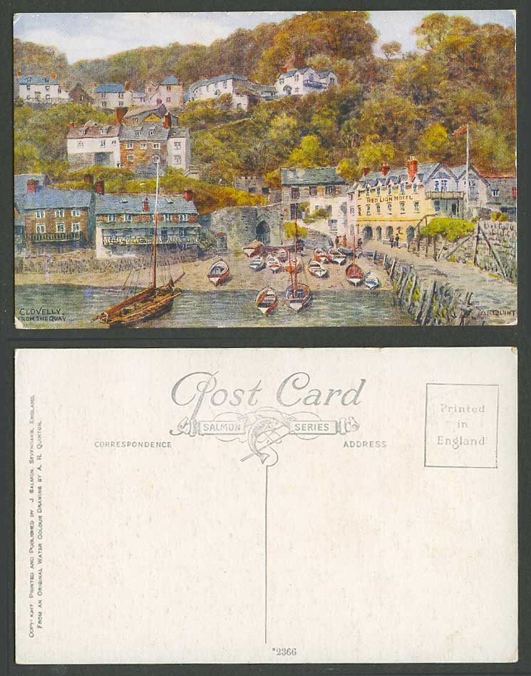 AR Quinton Old Postcard Clovelly from The Quay Harbour Boats Red Lion Hotel 2368