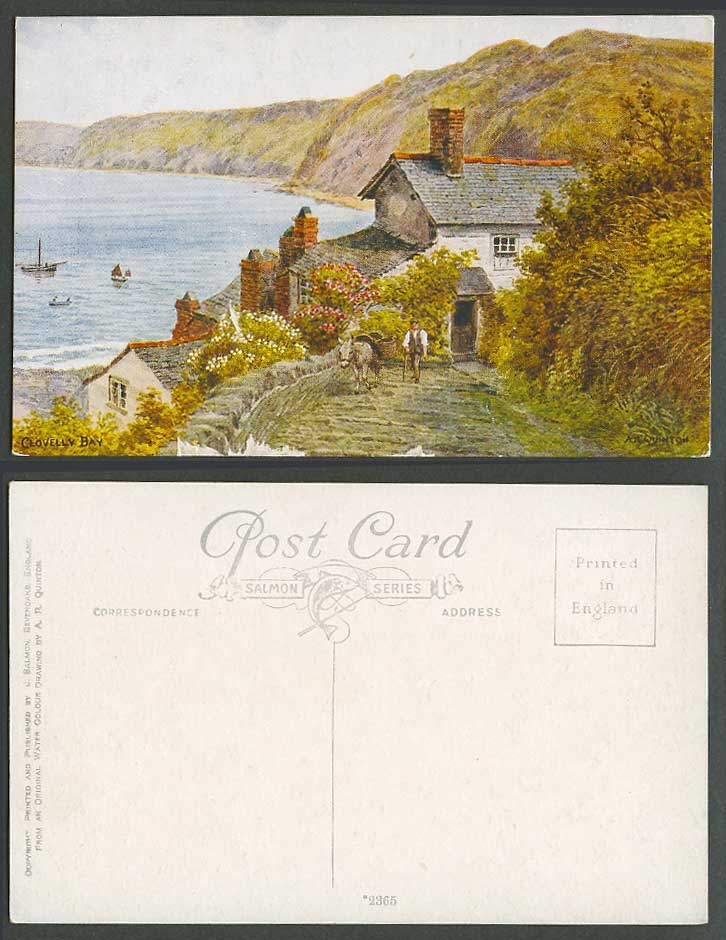 A.R. Quinton Old Postcard Clovelly Bay Devon Donkey Man Boats Cottage House 2365