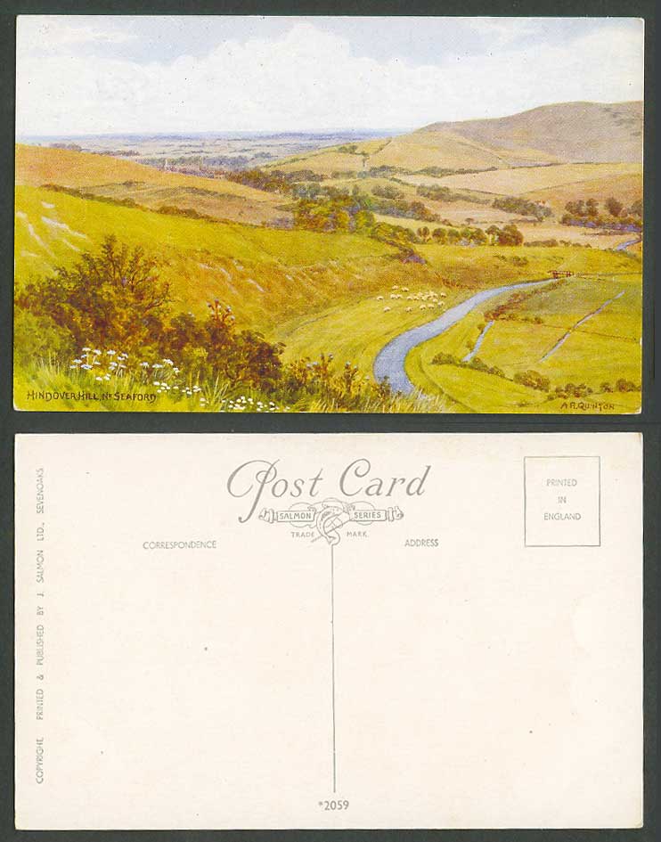 A.R. Quinton Old Postcard Hindover Hill Seaford Panorama Sheep Hills Sussex 2059