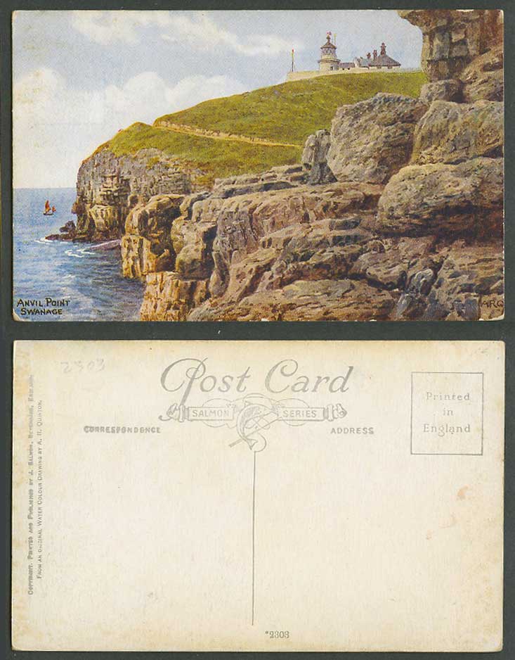 A.R. Quinton Old Postcard Anvil Point Swanage Lighthouse Cliff Rocks Dorset 2303