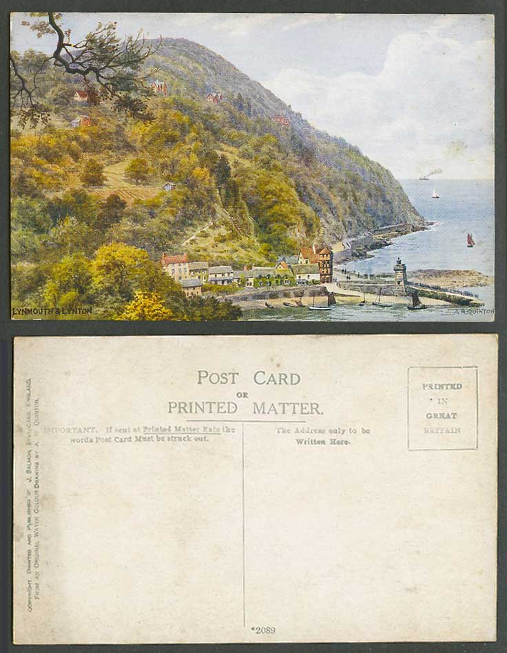 A.R. Quinton Old Postcard Lynton & Lynmouth, Devon Harbour Beach Lighthouse 2089