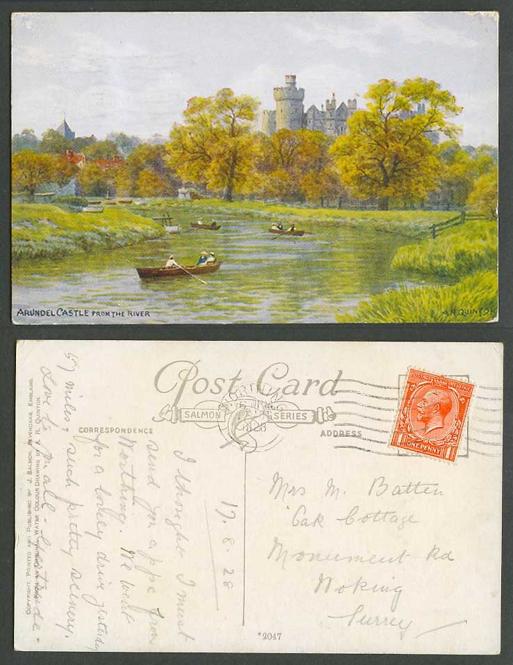 AR Quinton 1928 Old Postcard Arundel Castle from River Boating Boats Sussex 2047