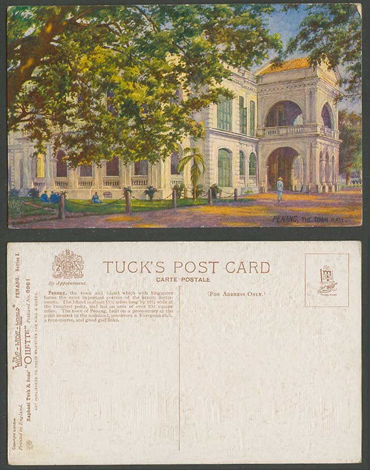 Penang c.1920 Old Colour Postcard The Town Hall, Tuck's Oilette Series I No.8961