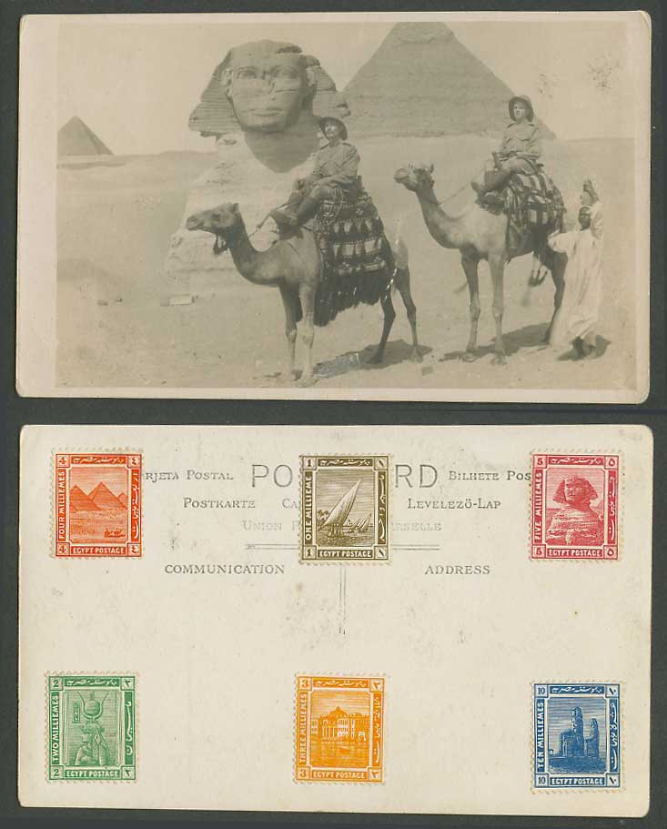 Egypt Old Real Photo Postcard Cairo Sphinx Pyramid Soldiers Camels Arab Man Vase
