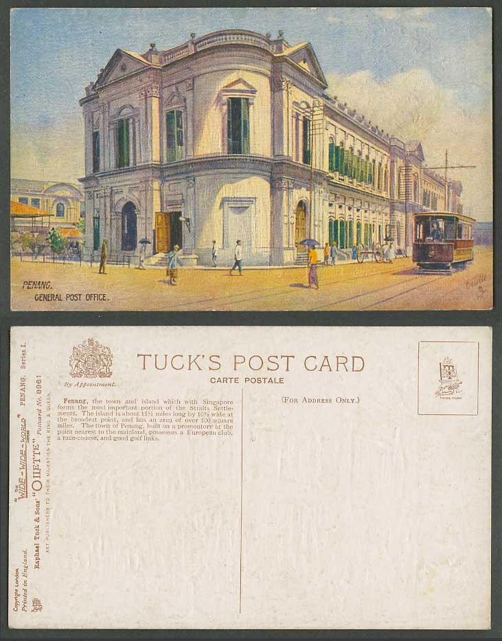 Penang c1920 Old Tuck's Oilette Postcard General Post Office TRAM & Street Scene