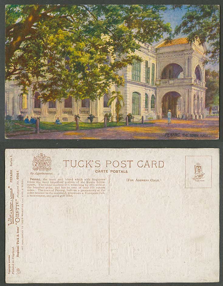 Penang c1920 Old Tuck's Oilette Postcard The Town Hall Straits Settlements Malay