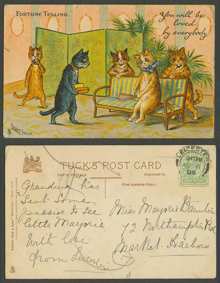 Louis Wain Artist Signed Cats Fortune Telling, You'll be Loved 1908 Old Postcard