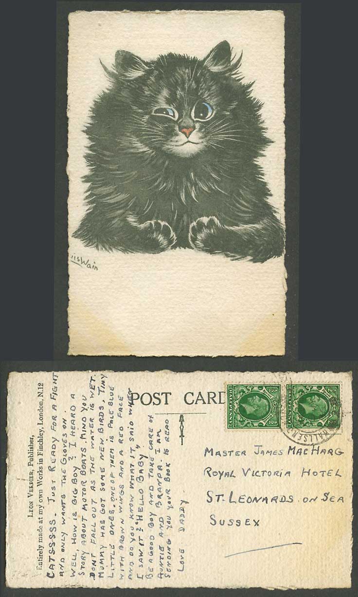 Louis Wain Artist Signed Black Cat Kitten 1936 Old Postcard Leon Verdier Finchly