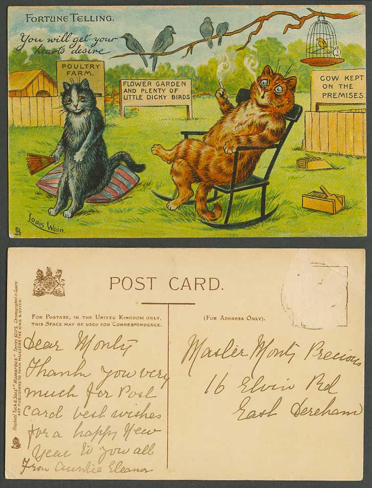 Louis Wain Artist Signed Cats Fortune Telling Dicky Bird Fan Old Tuck's Postcard