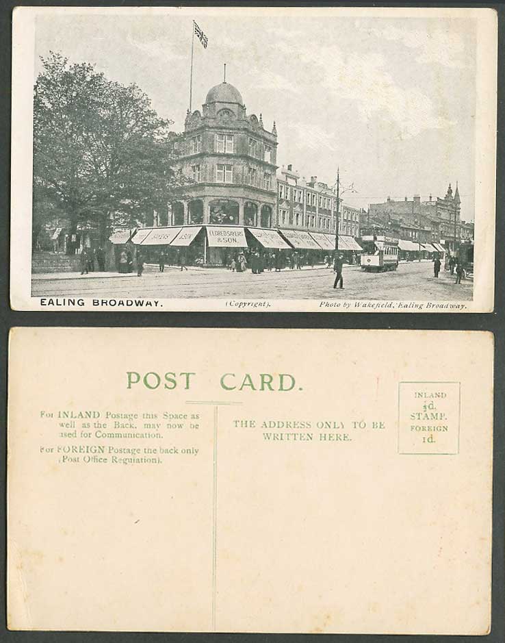 London Ealing Broadway Street Scene, TRAM, Eldred Sayers & Son Flag Old Postcard