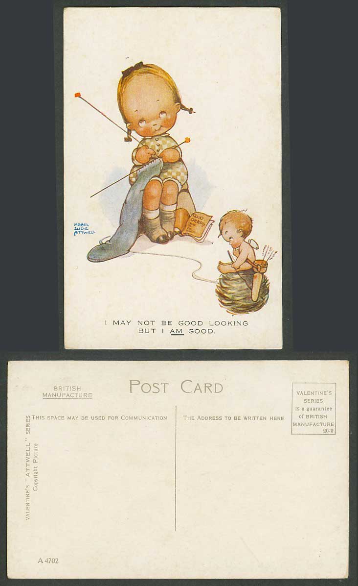MABEL LUCIE ATTWELL Old Postcard Knitting I Am Good Deeds Cupid Bow & Arrow 4702