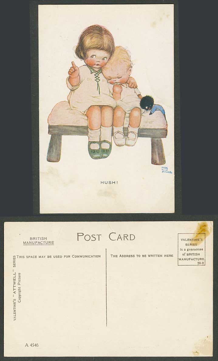 MABEL LUCIE ATTWELL Artist Signed 1920 Old Postcard HUSH! Doll, Girl & Boy A4546